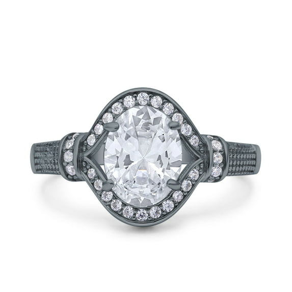 Black Tone, Simulated Cubic Zirconia Size-7 Oval Art Deco Wedding Engagement Bridal Ring Accent Vintage Round 925 Sterling Silver