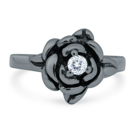 Black Tone, Simulated Cubic Zirconia Size-7 Rose Flower Ring Round Shape 925 Sterling Silver