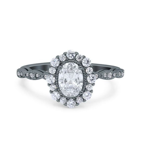 Black Tone, Simulated Cubic Zirconia Size-7 Vintage Art Deco Halo Oval Wedding Engagement Bridal Ring 925 Sterling Silver