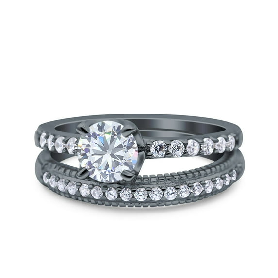 Black Tone, Simulated Cubic Zirconia Size-8 Art Deco Two Piece Wedding Bridal Ring Band 925 Sterling Silver