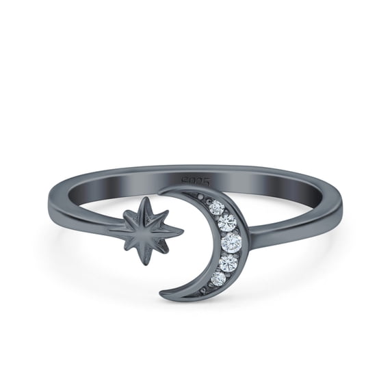 Black Tone, Simulated Cubic Zirconia Size-9 Moon & Star Wedding Band Ring 925 Sterling Silver