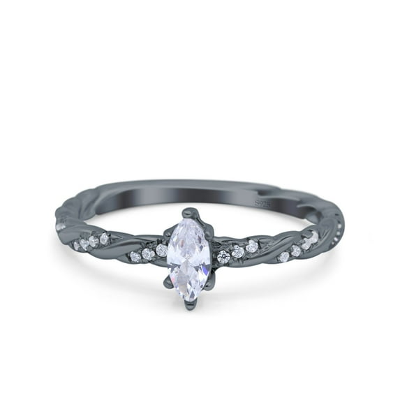 Black Tone, Simulated Cubic Zirconia Size-9 Vintage Style Twisted Half Eternity Band Marquise Wedding Engagement Ring 925 Sterling Silver