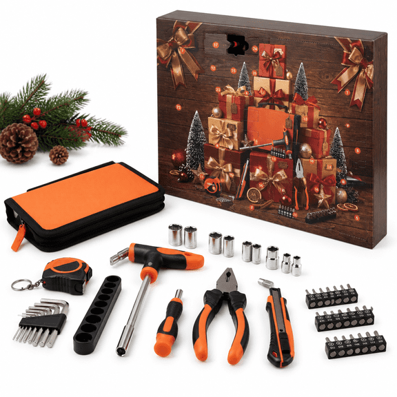 Black Tool Advent Calendar w/ Bag, 42-Piece Hand Tool Set for Holiday Countdown and Home Repairs