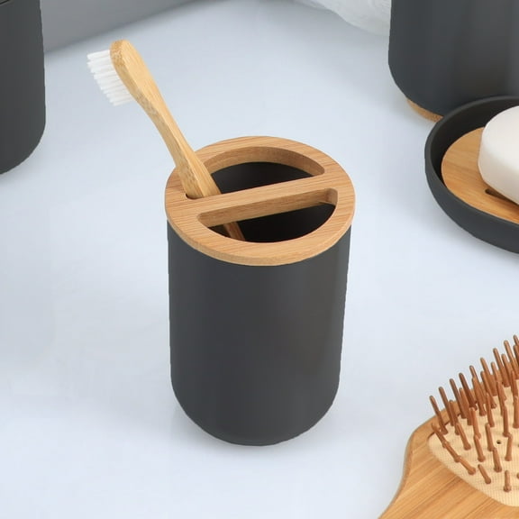 Black Toothpaste and Toothbrush Holder Padang with Bamboo Top - Chic Bathroom Organizer