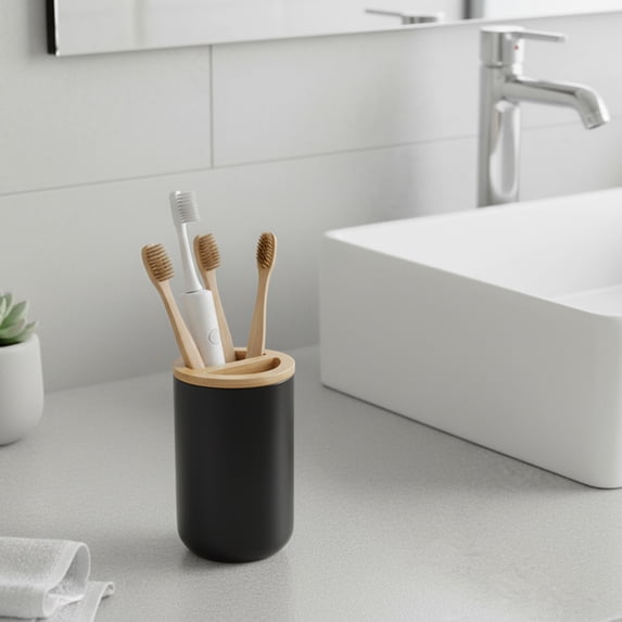 Black Toothpaste and Toothbrush Holder Padang with Bamboo Top - Chic Bathroom Organizer