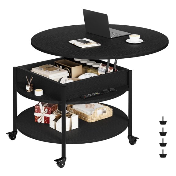 Black Top Coffee Table With Wheels, 2-Tier Storage Center Table, 26.77 Inch