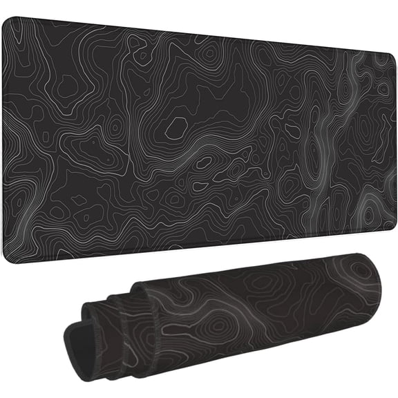 Black Topographic Contour Map Lines Topography Geography Geographical Gaming Mouse Pad 31.5 X 11.8 Inch XL Extended Large Keyboard Non-Slip Rubber Base with Stitched Edges for Home Office