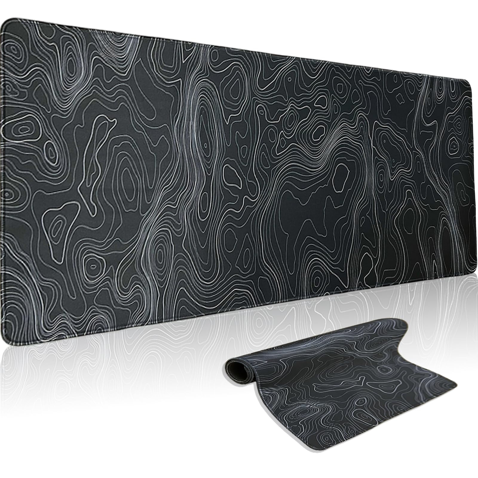 Black Topographic Large Mouse Pad, Abstract XXL Gaming Mousepad 35.43