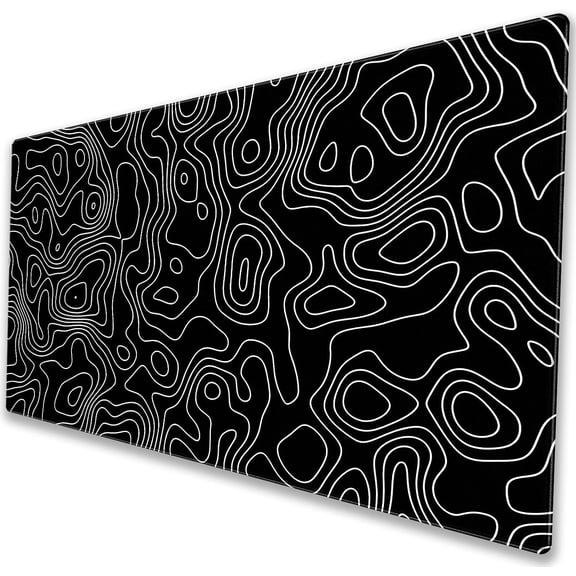 Black Topographic Lines Desk Mat XL Extended Gaming Mouse Pad minimalist black topographic contour line art print, white geographic map waves. 31.5" × 11.8"