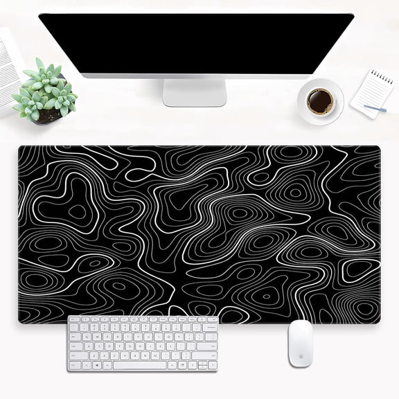 Black Topographic Map Desk Mat - Large Extended XL Gaming Mouse Pad with Stitched Edges, Full Desk Keyboard Mat for Laptop Computer, Abstract Art Desk Decor (31.5"x15.7")