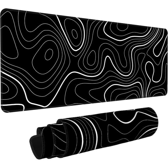 Black Topographic Map Mouse Pad,XL 31.5"x11.8" Big Gaming Mousepad,Minimalist Lines Large Extended Mouse Mat,Non-Slip Rubber Base Waterproof with Stitched Edges for Gaming Office Home