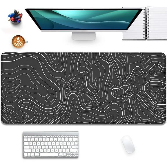 Black Topographic Mouse Pad,Gaming Desk Pad with Stitched Edges Non-Slip Rubber Base Extended XL Mousepad Big Desk Mat for Office Home Work(31.5x11.8 Inch)