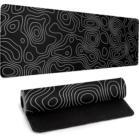 Black Topography Contour Gaming Mouse Pad Large Anime Topographic Map Mousepad Extended Mouse Pad Gaming Big Desk Pad Keyboard Pad with Stitched Edge Non-Slip Rubber Base