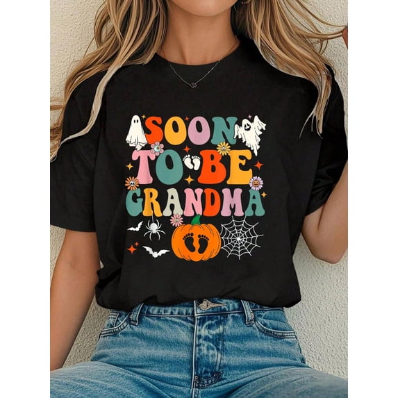 Black Tops For Women Soon To Be Grandma Halloween Pregnancy Announcement Pumpkin T-Shirt