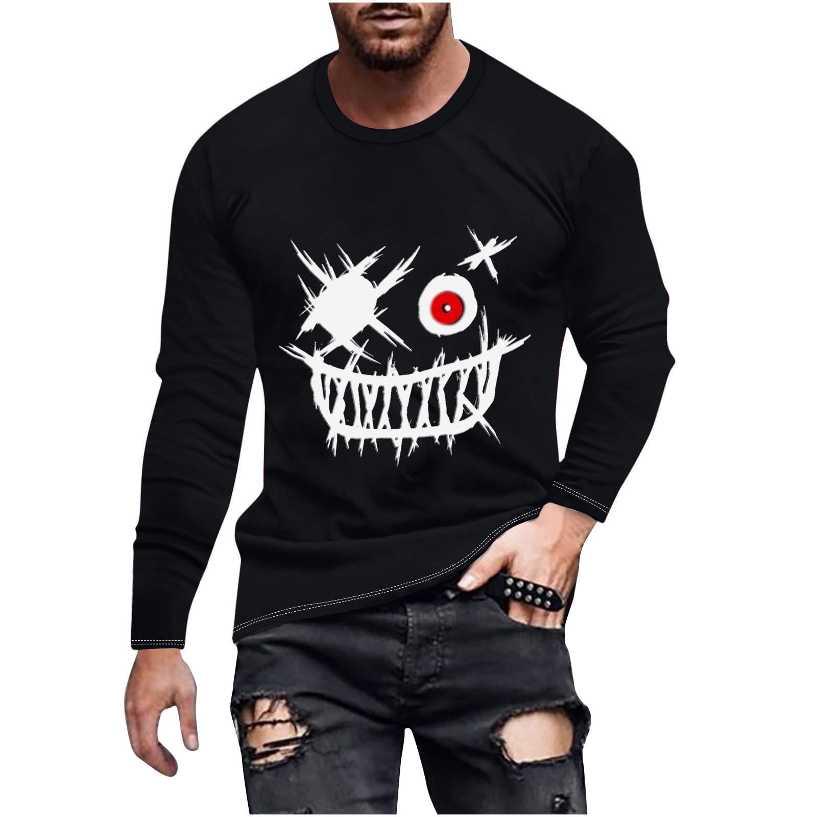 Black Tops for Man Fall Summer Crew Neck Spandex Skull Print Loose Fit ...