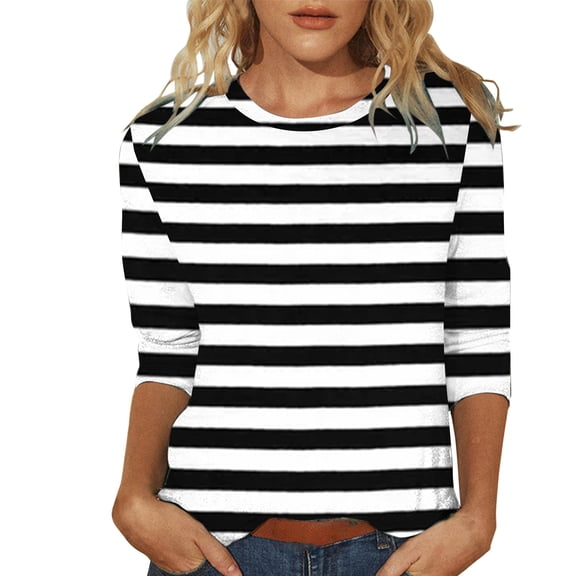 Black Tops for Women Trendy, Polyester Work Wear Women, 3/4 Sleeve Cute Tops for Women, M Graphic Tee Dress, Round Neckline Stripe T Shirts for Women, Stripe Tops Trendy Tops for Women 2024