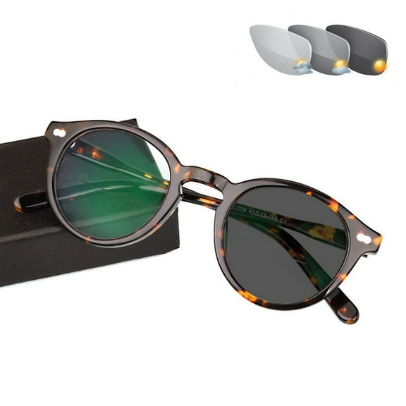 Black Tortoiseshell Photochromic Gray Vintage Bifocal Reading Glasses Classic Round Sunglasses Presbyopic Eyeglasses Acetate Readers for Men and Women UV