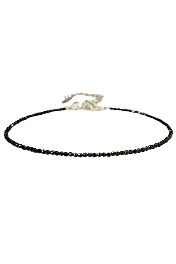 Black Tourmaline 2mm Round Shape Faceted Cut Beads 7 inch adjustable Silver Plated Clasp Bracelet for men, women, unisex. Link Chain Stacking Bracelet.|LINK_01316
