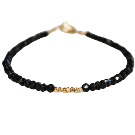 Black Tourmaline 3-3.5mm Rondelle Shape Faceted Cut Beads 7 inch Gold Plated Clasp Bracelet for men, women, unisex. Link Chain Stacking Bracelet.|LINK_01296