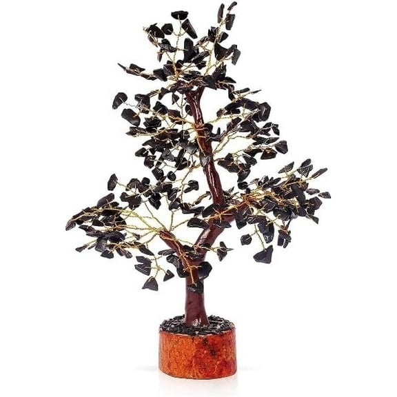 Black Tourmaline Crystal Tree Natural Healing Gemstone Crystal Bonsai Fortune Money Tree for Good Luck Home Office Kitchen Dcor Spiritual Gift (Golden Wire and 300 Beads) Size 10-12 Inches