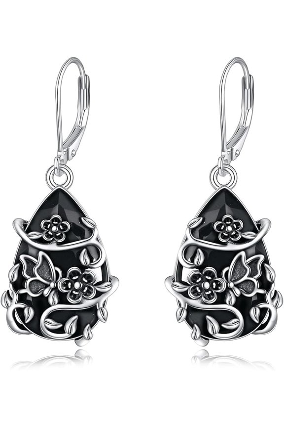 Black Tourmaline Earrings Sterling Silver Dangle Drop Leverback Earrings Crystal Healing Jewelry Spiritual Protection Gifts for Women