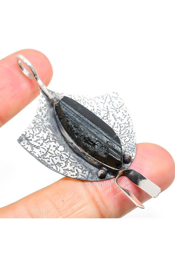 Black Tourmaline Gemstone Handmade 925 Sterling Silver Jewelry Pendant 2.64"