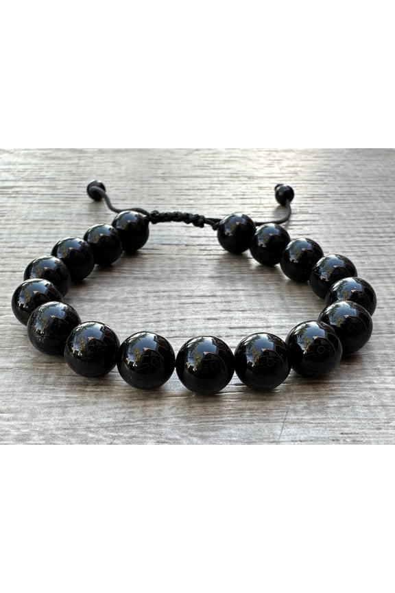 Black Tourmaline Gemstone Round Bead Adjustable Bracelet 10mm, Genuine Crystal Bead Bracelet, Gift for Men & Women (Black Tourmaline)