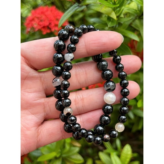 Black Tourmaline With Quartz Crystal Bead Bracelet 6-8mm, Wholesale Genuine Black Tourmaline With Quartz Stretch Gemstone Bracelet, Gift for Men & Women (3)