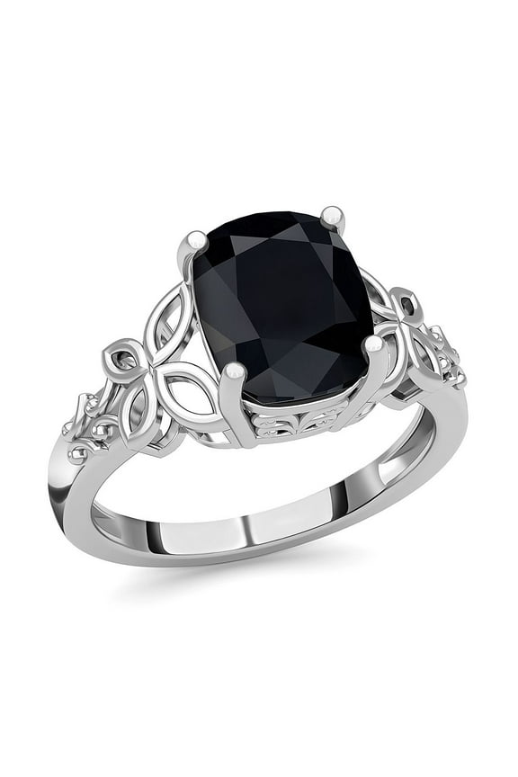 Black Tourmaline Ring in 925 Sterling Silver - October Birthstone Rings for Women - Engagement Promise Floral Statement Vintage Solitaire Tourmaline Jewelry Birthday Christmas Gifts Size - 8