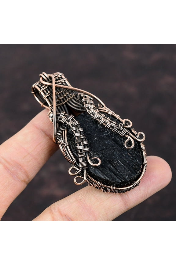Black Tourmaline Rough Gemstone Pendant Handmade Copper Wire Wrapped Jewelry