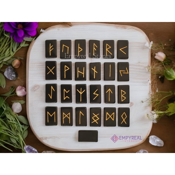 Black Tourmaline Runes Crystal Rune Stones Set Elder futhark Viking Gemstone Reiki Healing golden Engraved Runic alphabets