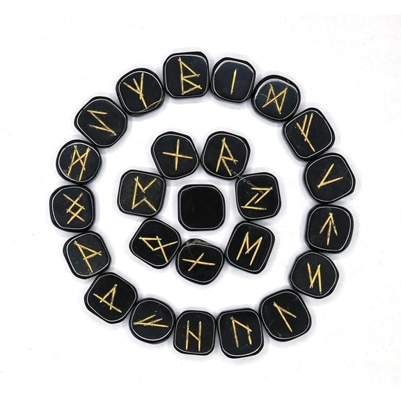 Black Tourmaline Runes Set of 25 Engraved Rune Stones