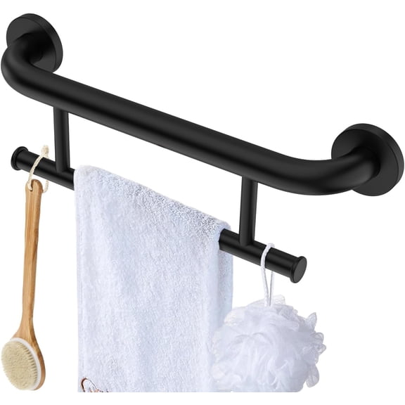 Black Towel Grab Bar 17 Inch, Handicap Towel Bar for Bathroom, Stainless Steel Safety Assist Bar Balanced Support Handle, Wall Mounted Towel Rack Grab Bars for Senior Elderly Disabled