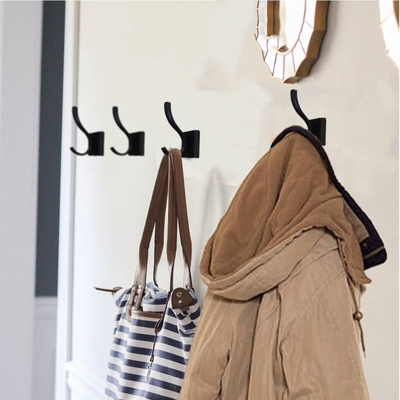 Black Towel Hooks, Double Towel Robe Clothes Coat Holder, Heavy Duty Wall Mount Hooks for Bath Bedroom Kitchen Pool Garage Hotel, 4 Pack