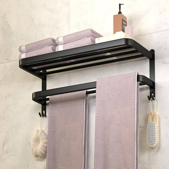 Black Towel Racks for Bathroom Towel Shelf with Double Towel Bars Lavatory Wall Mount Holder with Hooks Stainless Steel Hotel Bath Rack (Matte Black 15 inches)