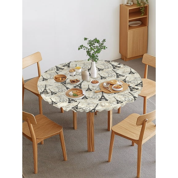 Black Towers Round Fitted Tablecloth with Elastic Edge, Romantic Black Paris Tower Beige Waterproof Stretch Table Covers for 45"-54" Tables Wipeable Table Cloth for Outdoor