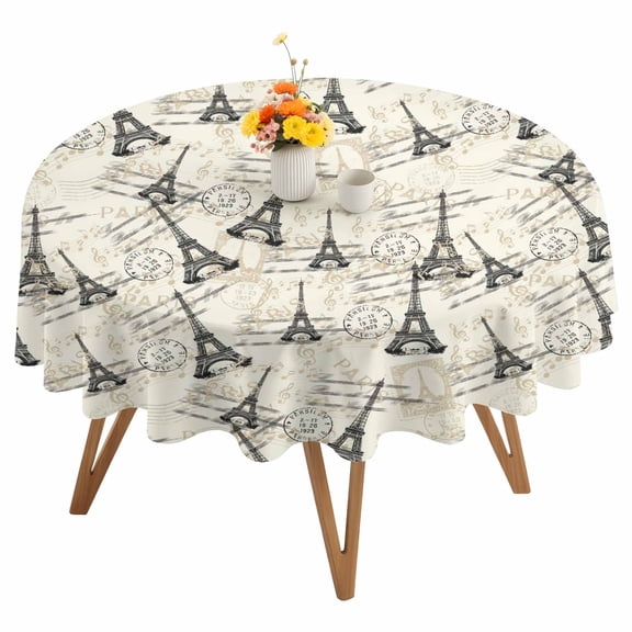 Black Towers Round Tablecloth 54 inches Romantic Black Paris Tower Beige Waterproof Oil-Proof Table Cloth Round Table Cover for Holiday Party Picnic Dinner Decor Indoor and Outdoor Use