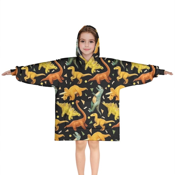 Black Toy Like Dinosaurs Pattern Blanket Hoodies for Kids 6-13YR Oversize Wearable Blanket Hoodies for Boys Girls Teens