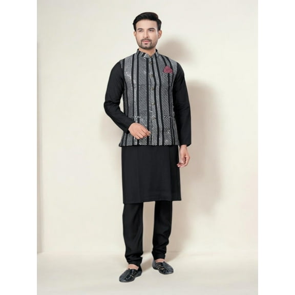 Black, Traditional Men's Kurta Pajama with Jacket– Cultural Wear for Men,228