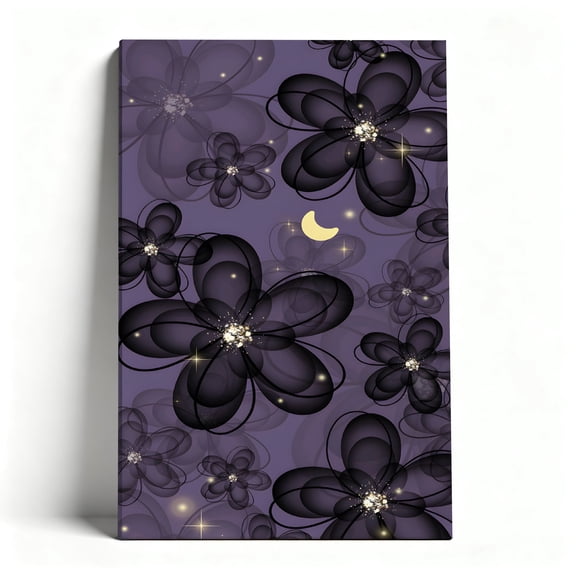 Black Translucent Floral Moon Canvas Wall Art, Elegant Purple Glitter Flower Artwork, Modern Celestial Decor For Bedroom, Living Room, Bathroom, Ready To Hang 8*12inch(20*30cm)
