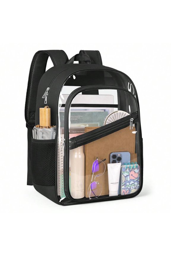 Black Transparent PVC Backpack With Organizer Pockets And Large Capacity