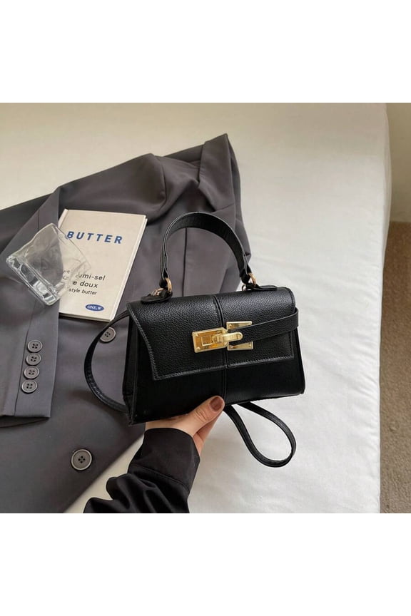 Black Trapezoid Mini Shoulder Bag With Gold-Tone Lock Clasp And Top Handle