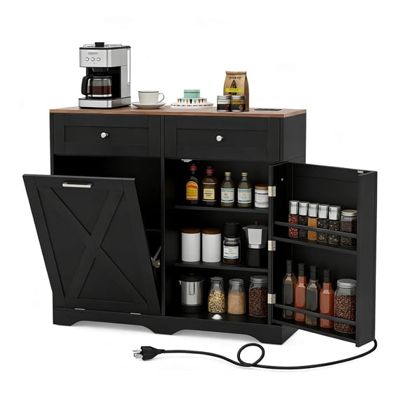 Black Trash Can Cabinet with Charging Station, Kitchen Buffet Sideboard with Drawers, Adjustable Shelves, and 9.25-Gallon Laundry Hamper