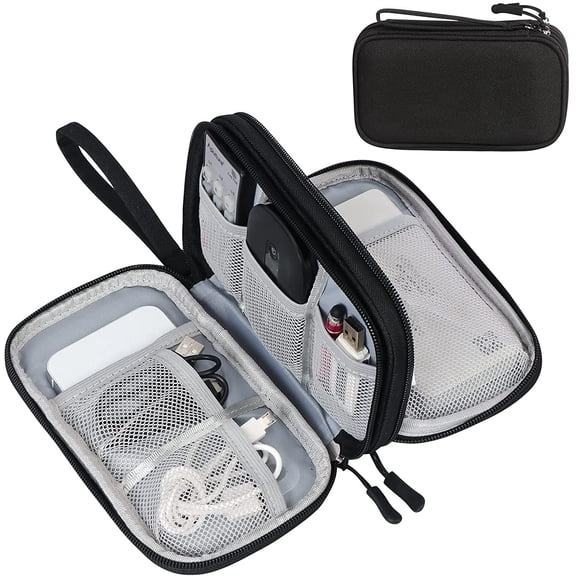 Black Travel Cable Organizer Pouch - Double Layer Electronic Accessories Case - Waterproof Portable Storage Bag for Cables Chargers Earphones Phone