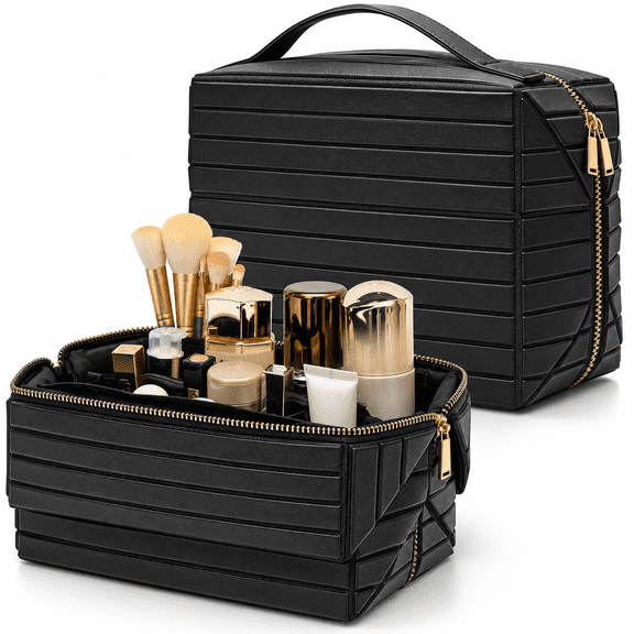 Black Travel Makeup Bag, PU Leather Toiletry Bag for Women, Fold Down Makeup Organizer Case with Adjustable Dividers, Large Makeup Bag with Handle, Wide-open Pouch, 9 x 6.1 x 7.5 in