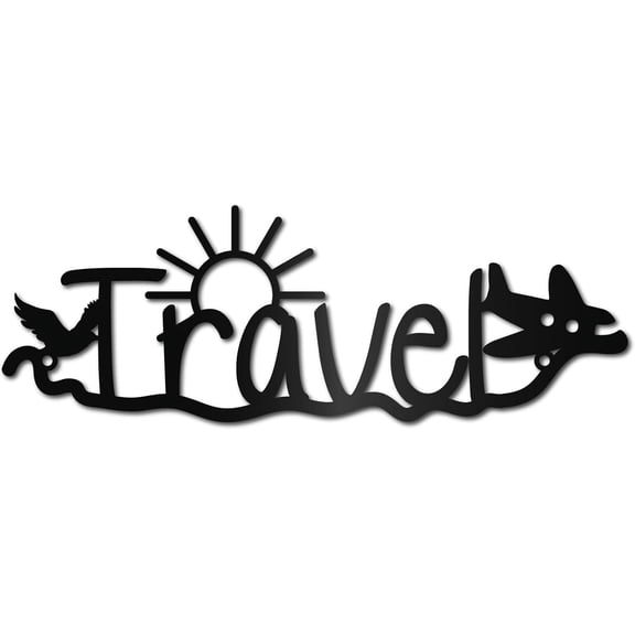 Black Travel Wall Decor Metal Word Wall Sign Laser Cut Words Wall Decor Sun Aircraft Metal Wall Decor Letters Wall Hanging Art Travel Signs