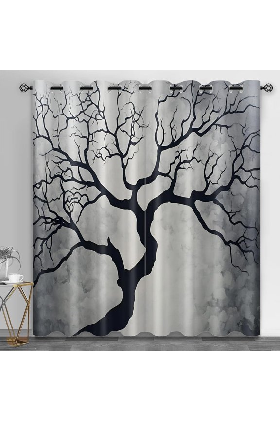 Black Tree Blackout Curtains For Living Room, Vintage Floral Bedroom Curtains, Plant Leaves Window Treatments, Room Darkening Grommet Drapes 38"W x 45"L (Pack of 2)