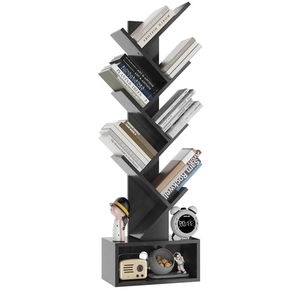 Black Tree Bookshelf, 4-Tier Book Storage Organizer With Base Compartment