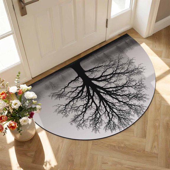 Black Tree Diatomaceous Earth Bath Mat, Bare Oak Tree Silhouette Dramatic Goth Trees Trunk Half Round Non-Slip Quick Dry Door Mat Super Absorbent Bath Rug for Bathroom Kitchen Laundry 16x24in