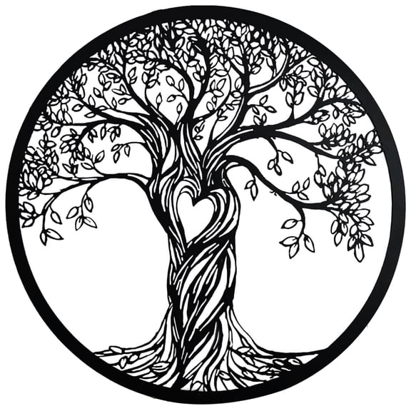 Black Tree of Life Wall Decor, Rustic Metal Wall Sculpture Decor, Modern Round Wall Art, Tree and Heart Design, Sturdy and Rust-Resistant, Elegant Home Decoration